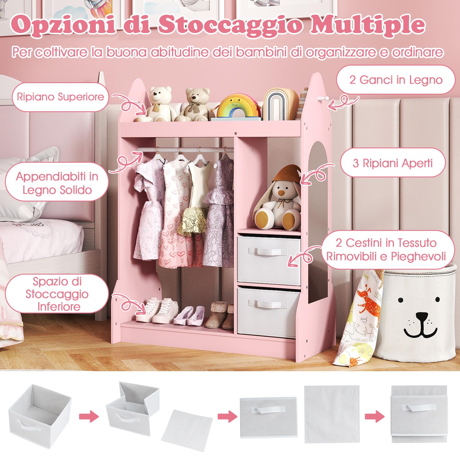 COSTWAY Guardaroba per Bambini, Armadio Gioco con Specchio Appendiabiti, Cassette in Tessuto Pieghevoli, Organizer per Stanza e Camera da Letto, 81 x 38 x 107 cm (Rosa)