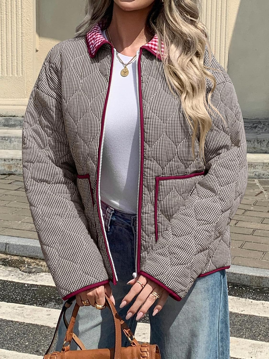 Tankaneo Womens Cropped Quilted Jackets Plaid Lightweight Full Zip Up Jacket Puffer Padded Coat with Pockets - Image 3