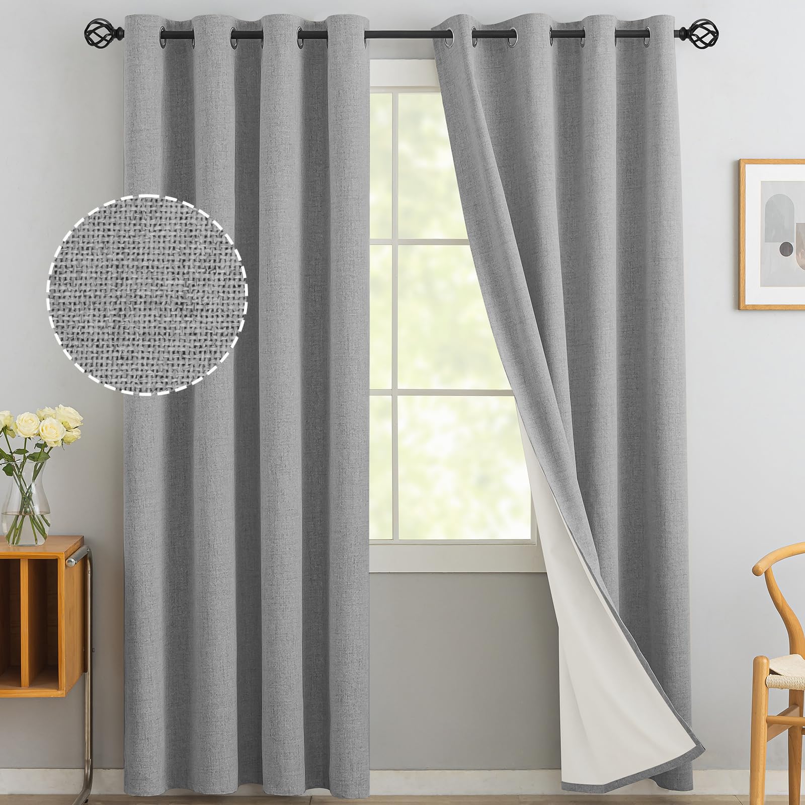 Yakamok Dove Grey Linen Curtains 100% Blackout 84 Inches Long, Room Darkening Textured Curtains for Living Room Thermal Grommet Bedroom Curtains with Greyish White Liner2 Panels