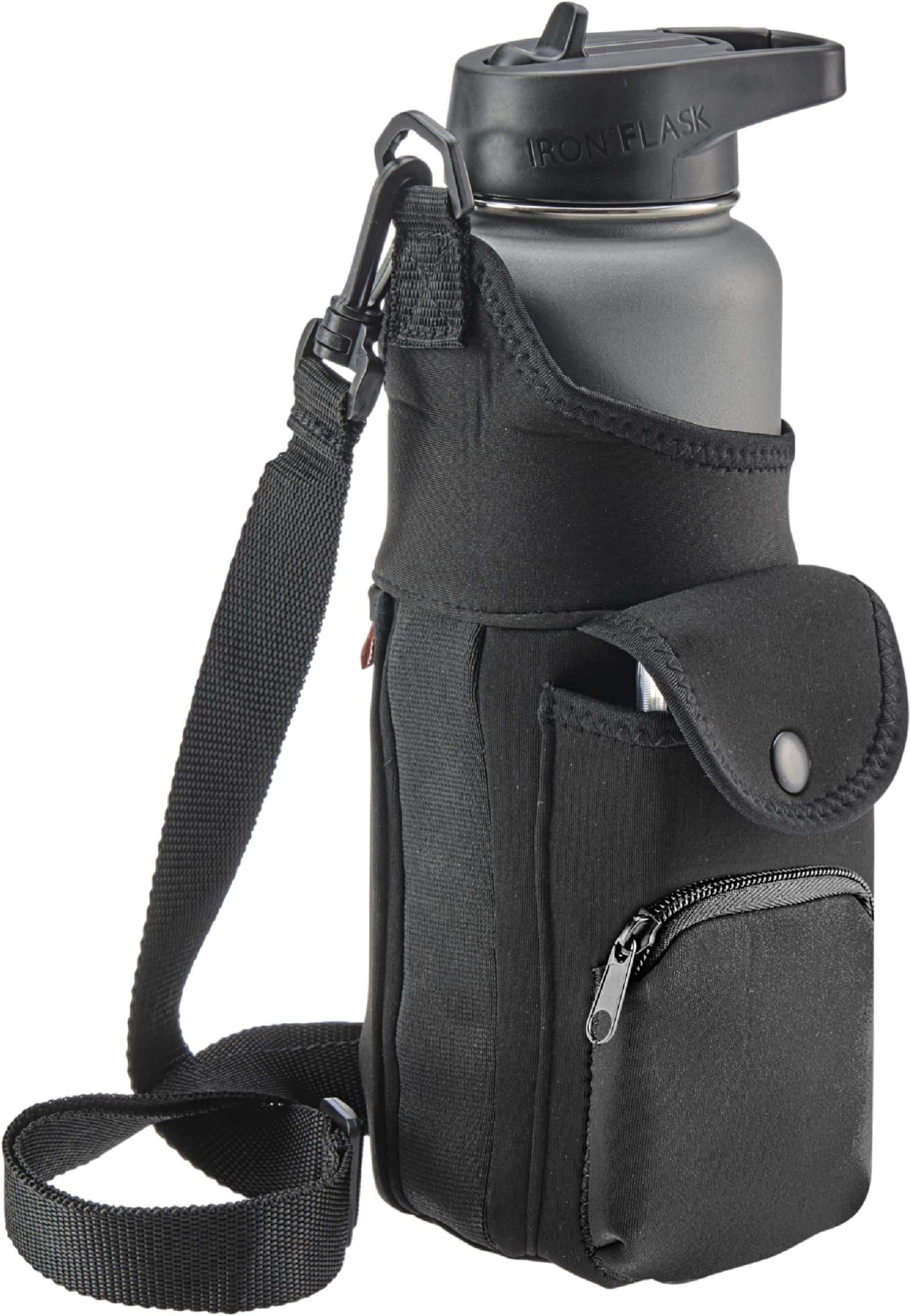 Smooth Trip Neoprene Water Bottle Carrier Bag with Phone Case and Zip Pocket (Black)