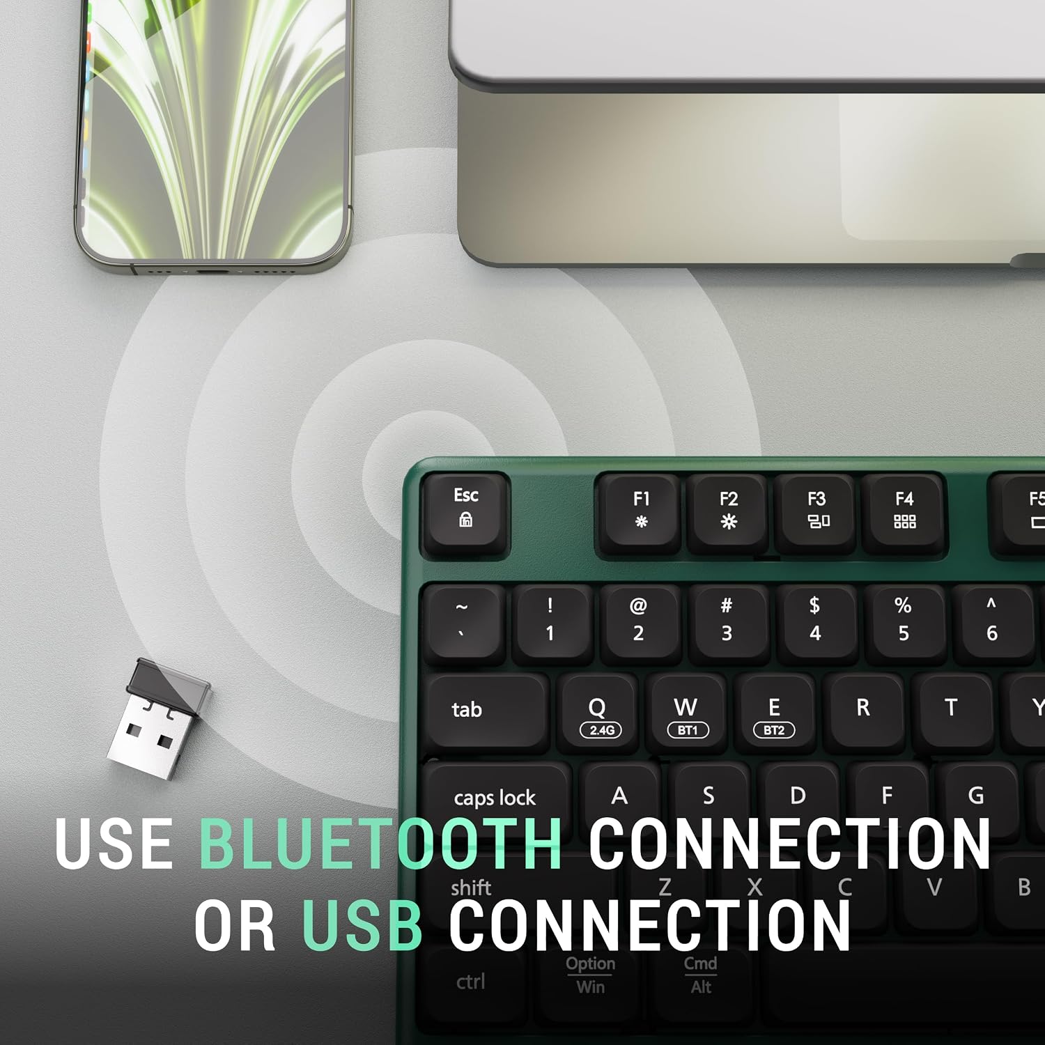 MPTOG Bluetooth Computer Wireless Retro Keyboard with Wrist Rest, Colorful Round Keys, Battery Powered Wireless Keyboard (Dark-Green Black)