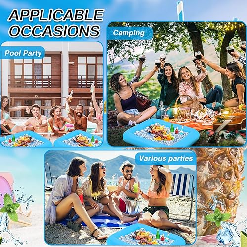 Miniatura 5 de Leitee 4 barras inflables de verano para servir y una bomba de mano, bandeja de servir para bufé de hielo, enfriador inflable con tapón de drenaje,