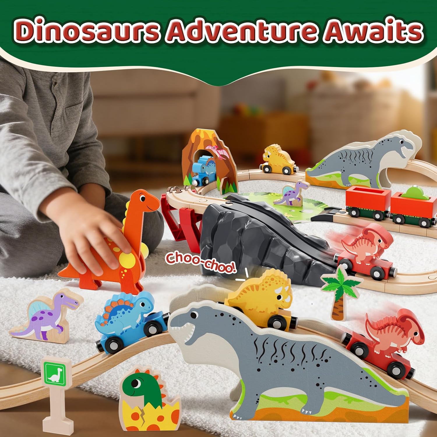 Lehoo Castle Wooden Train Set - Dinosaur Train Set for Toddlers 2-4, Wooden Train Track Railway Playset Toys for 3 4 5 6 Year Old Boys Girls Birthday Gifts