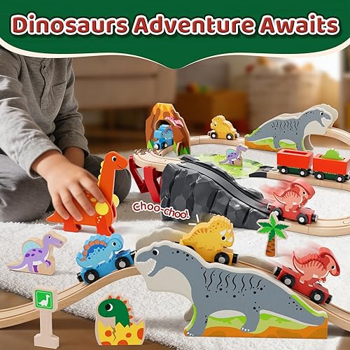 Vista 5 de Lehoo Castle Juego de tren de madera - Juego de tren de dinosaurio para niños pequeños de 2 a 4 años, pista de tren de madera, juguetes para niños