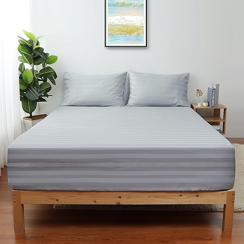 Miniatura 2 de Sábana bajera ajustable a rayas tamaño Queen, color gris, 600 hilos, 100% algodón, sábana bajera de satén a rayas, sábana bajera de 15 pulgadas de