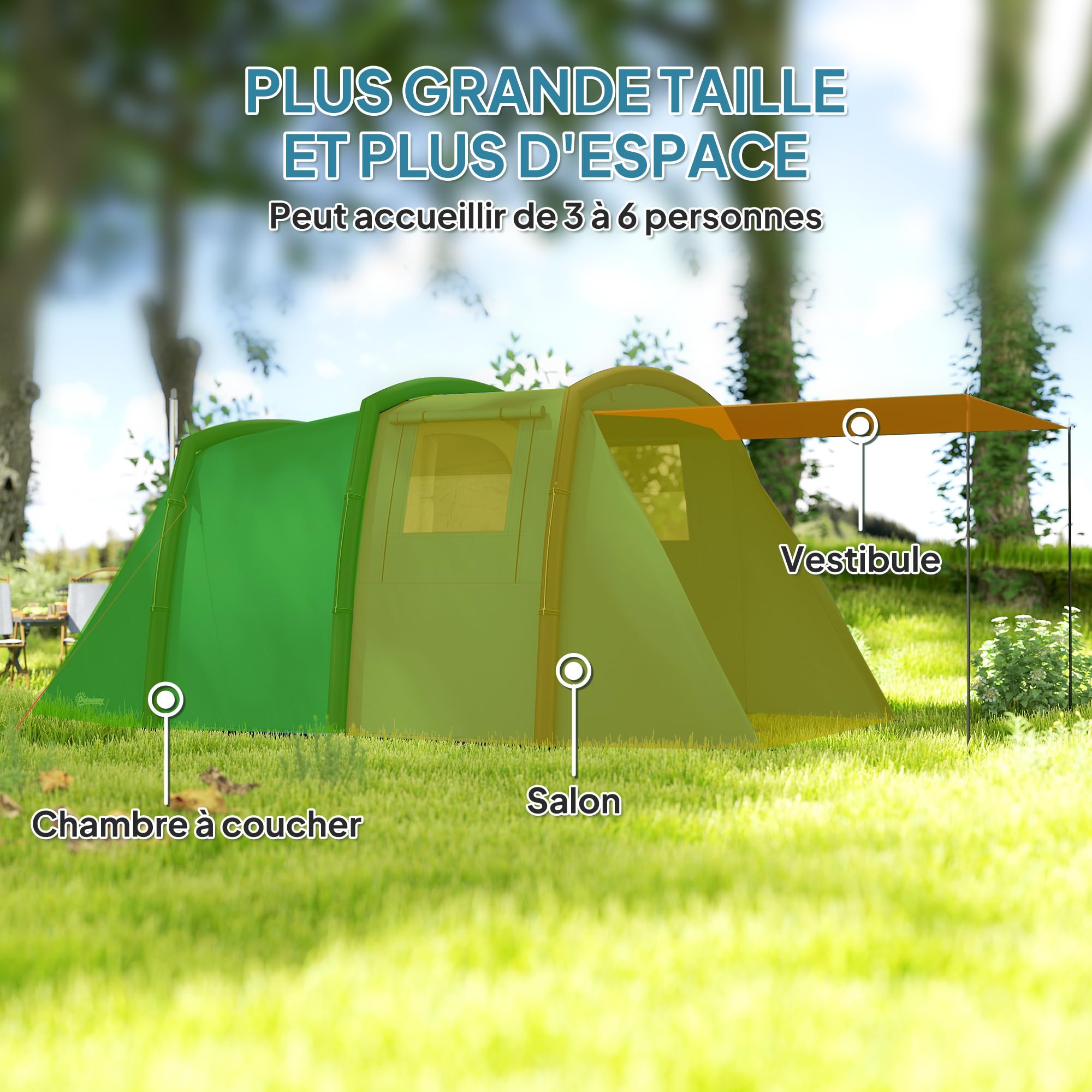 Outsunny Tente de Camping Gonflable Tente Gonflable Tunnel 3 à 6 Personnes avec Chambre à Coucher, Salon et Porche Pompe à Air Sac de Transport Inclus Montage Rapide 420 x 200 x 150 cm Bleu