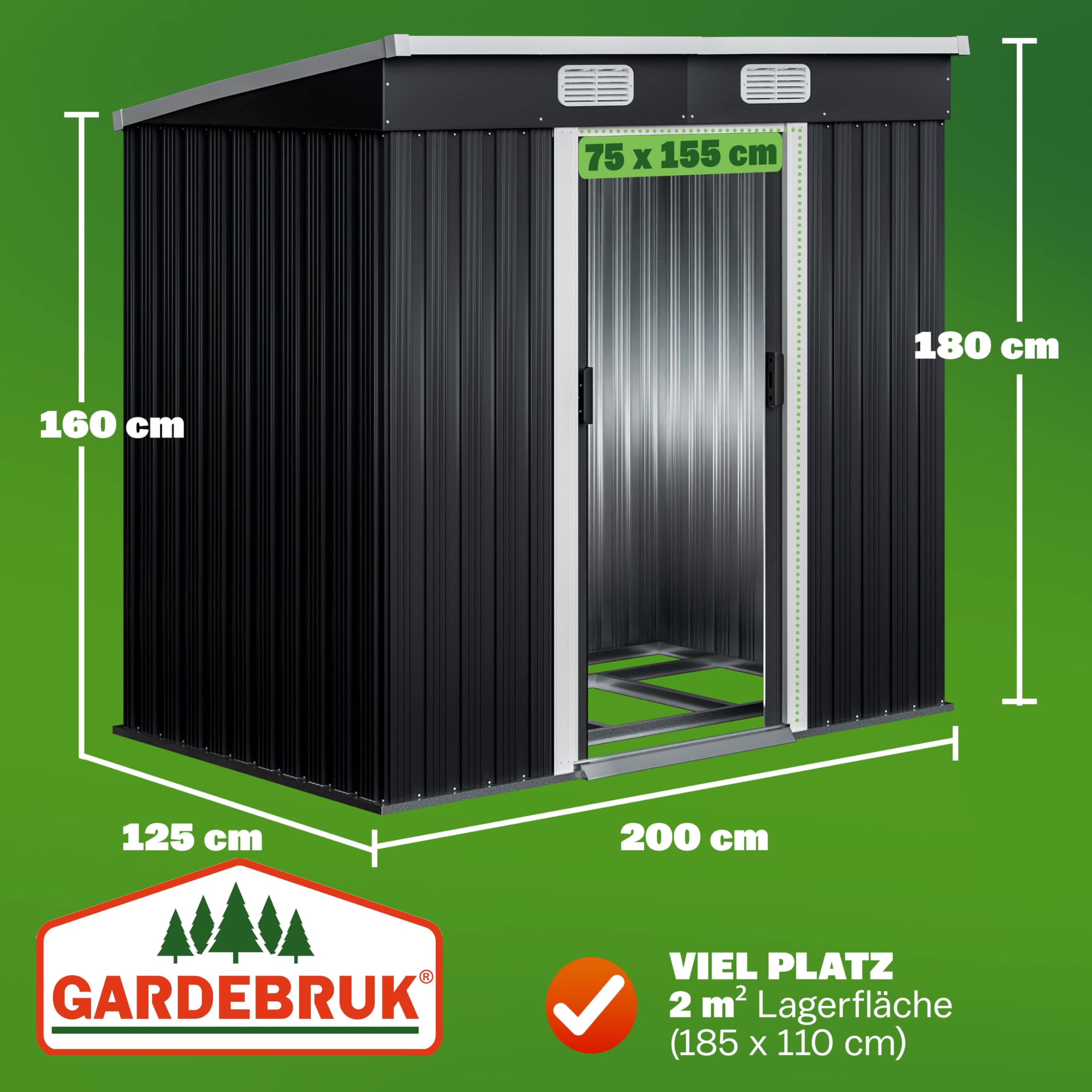 GARDEBRUK® L Metall Gerätehaus 2m² mit Fundament 200x125x180cm Schiebetür Anthrazit Geräteschuppen Gartenhaus 4m³
