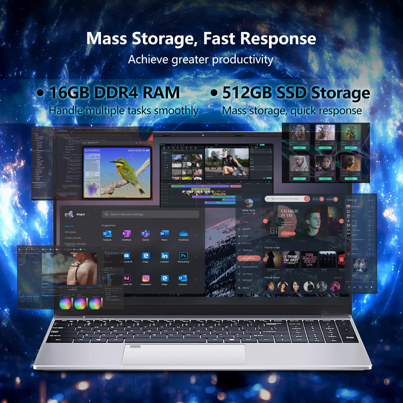 15.6 Pollici PC Portatile 16GB RAM 512GB SSD, Win 11 Notebook Celeron N95 CPU, 180° Flip Laptop FHD 1920*1080, Tastiera Retroilluminata, Sblocco Impronta Digitale, USB3.0+BT4.2+Webcam+Mini-HDMI