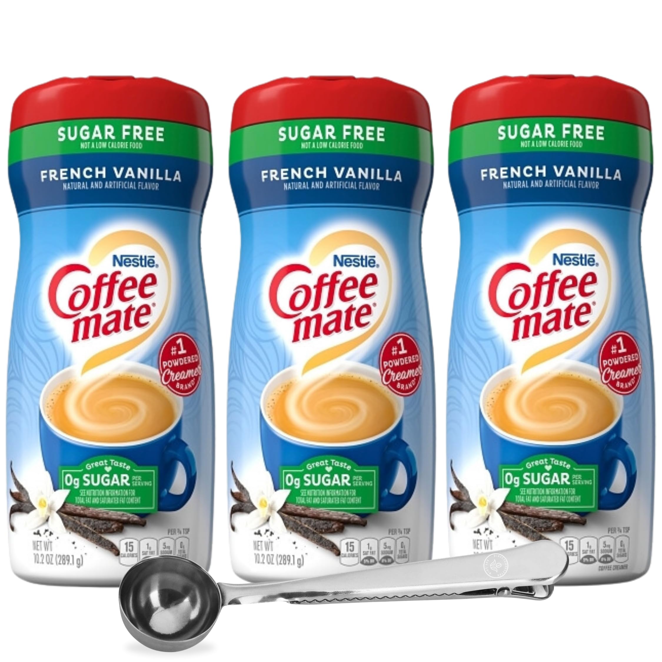 French Vanilla Zero Sugar Powdered Creamer, 10.2 oz Canister (3-Pack) with Direct Coffee Tea Est 2019 Barista Spoon Clip – Sugar-Free, Non-Dairy, Gluten-Free Coffee Creamer for Guilt-Free Indulgence