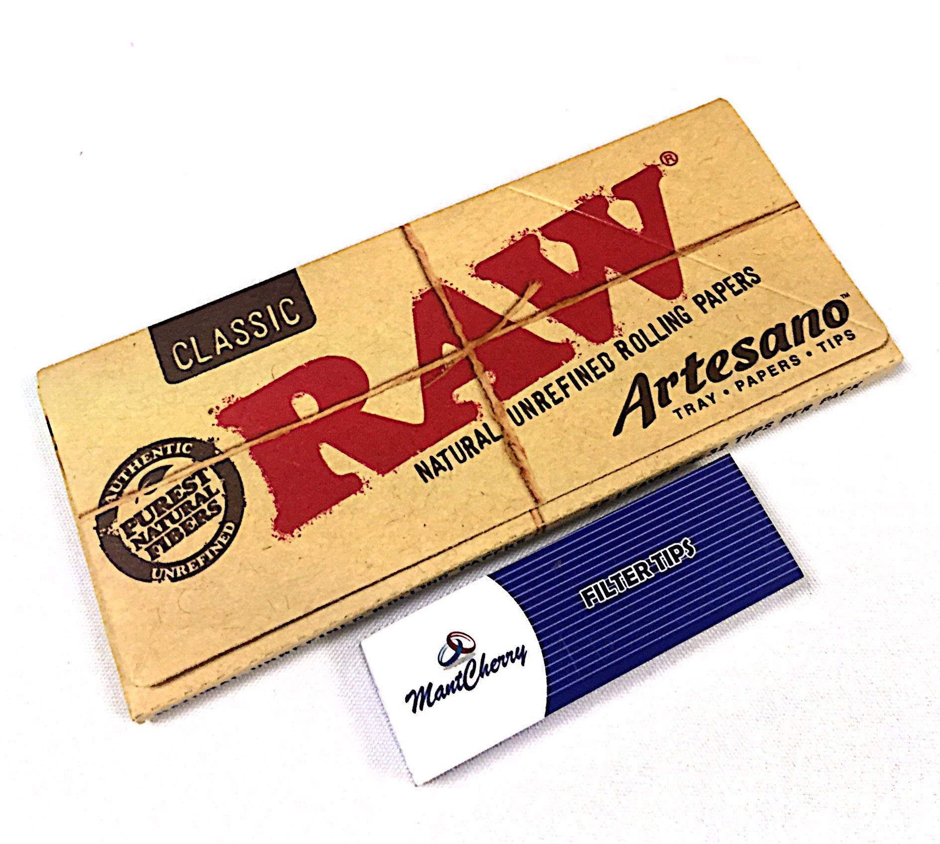 MontCherry Brand Exclusive Tips Pack and Raw Classic Artesano King Size Slim Natural Unrefined Rolling Papers(Papers + Tips + Tray) - 1 Booklet Combo Deal By Trendz