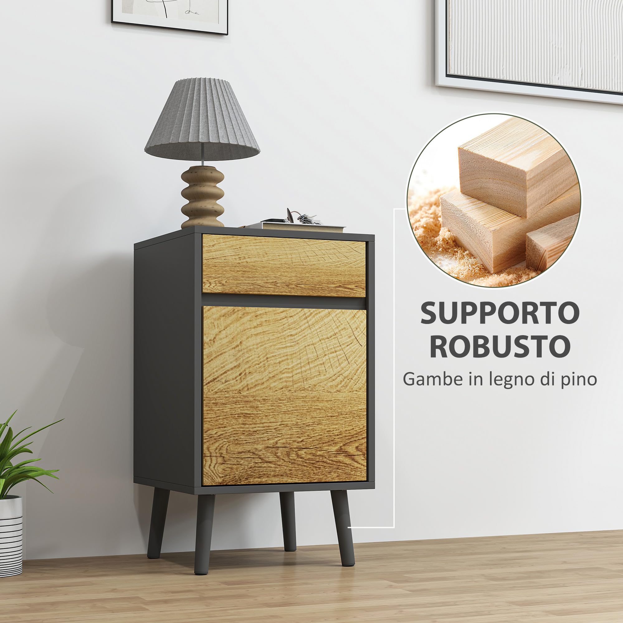 HOMCOM Comodino Camera da Letto con Cassetto Grigio Scuro e Color Legno