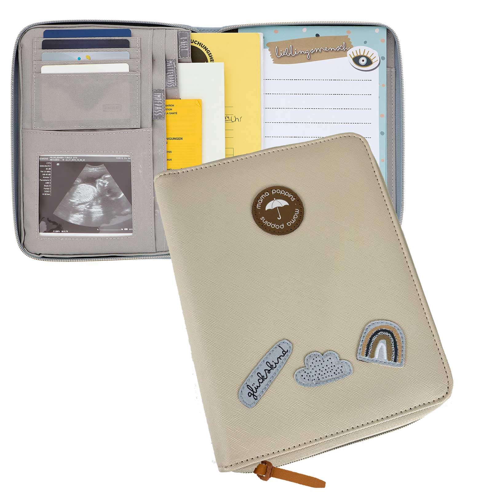 Mutterpasshülle, U-Heft und Impfpass Tasche/Organizer mit "Glückskind" Schriftzug I Beige