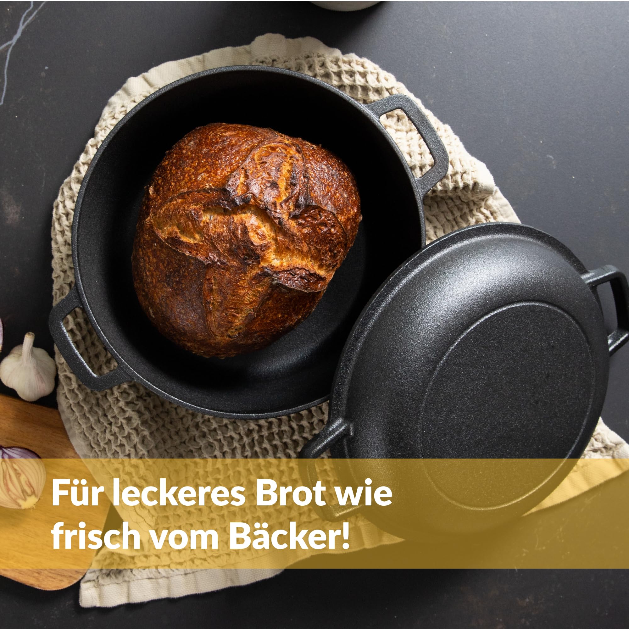 Chefarone Gusseisen Topf 26 cm 4,6 l mit Gärkorb und Teigschaber – Brotbacktopf mit Deckel, Induktion & Backofen geeignet – Vielseitiger Bräter zum Backen, Schmoren, Braten, Kochen