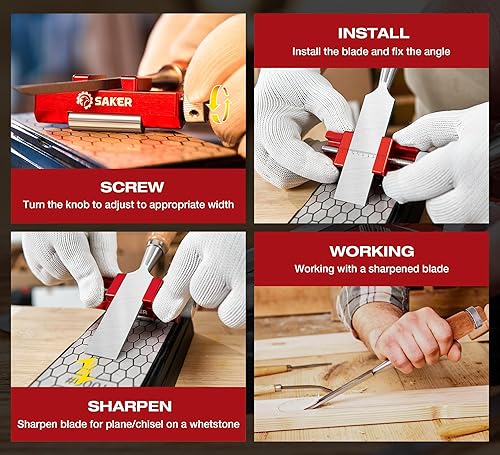 Miniatura 7 de Saker Piedra de afilar con herramienta de guía de afilado, juego de cinceles para carpintería, piedra aplanadora, sistema completo de afilado