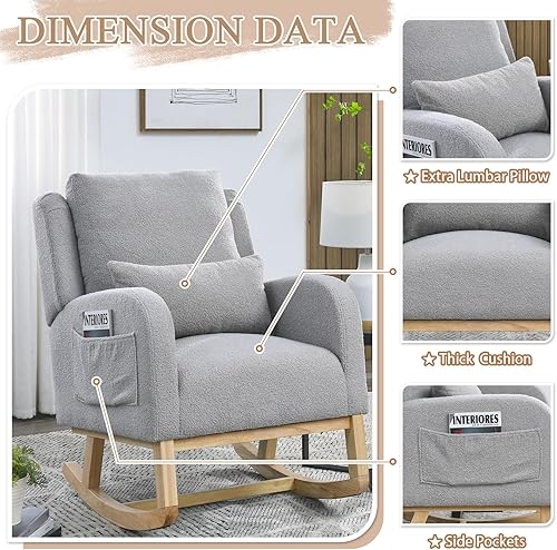 Miniatura 4 de Mecedora para guardería, mecedora tapizada con respaldo alado, mecedora con respaldo alto cómodo, reposabrazos curvado, almohada lumbar para sala de