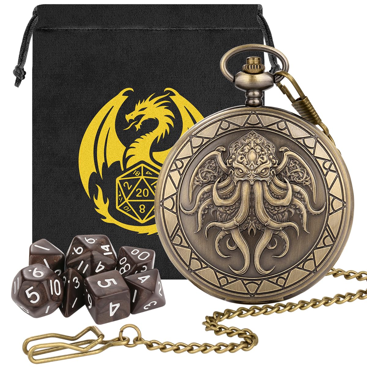 Mini DND Dice Set, 7pcs Polyhedral Acrylic Dice Set, with Octopus with Wings Pocket Watch Case, DND Starter Set, DND Gift Bag with Dragon Logo, Role Play Board Game Accessories, Bronze + Brown