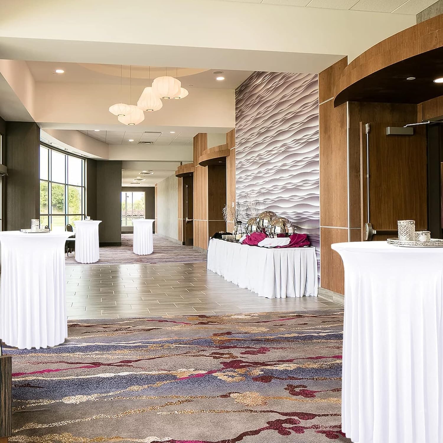 2 Packs Round Cocktail Table Skirt 32"x 43" Spandex Stretch Cocktail Tablecloth with Wavy Drapes, White Spandex Fitted High Top Table Covers for Wedding Party Birthday Banquet Bar