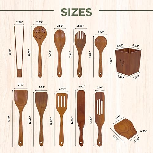 Miniatura 3 de Vasilek Juego de utensilios de cocina de madera - Juego de utensilios de cocina de madera de acacia de 12 piezas con soporte cuadrado y soporte para