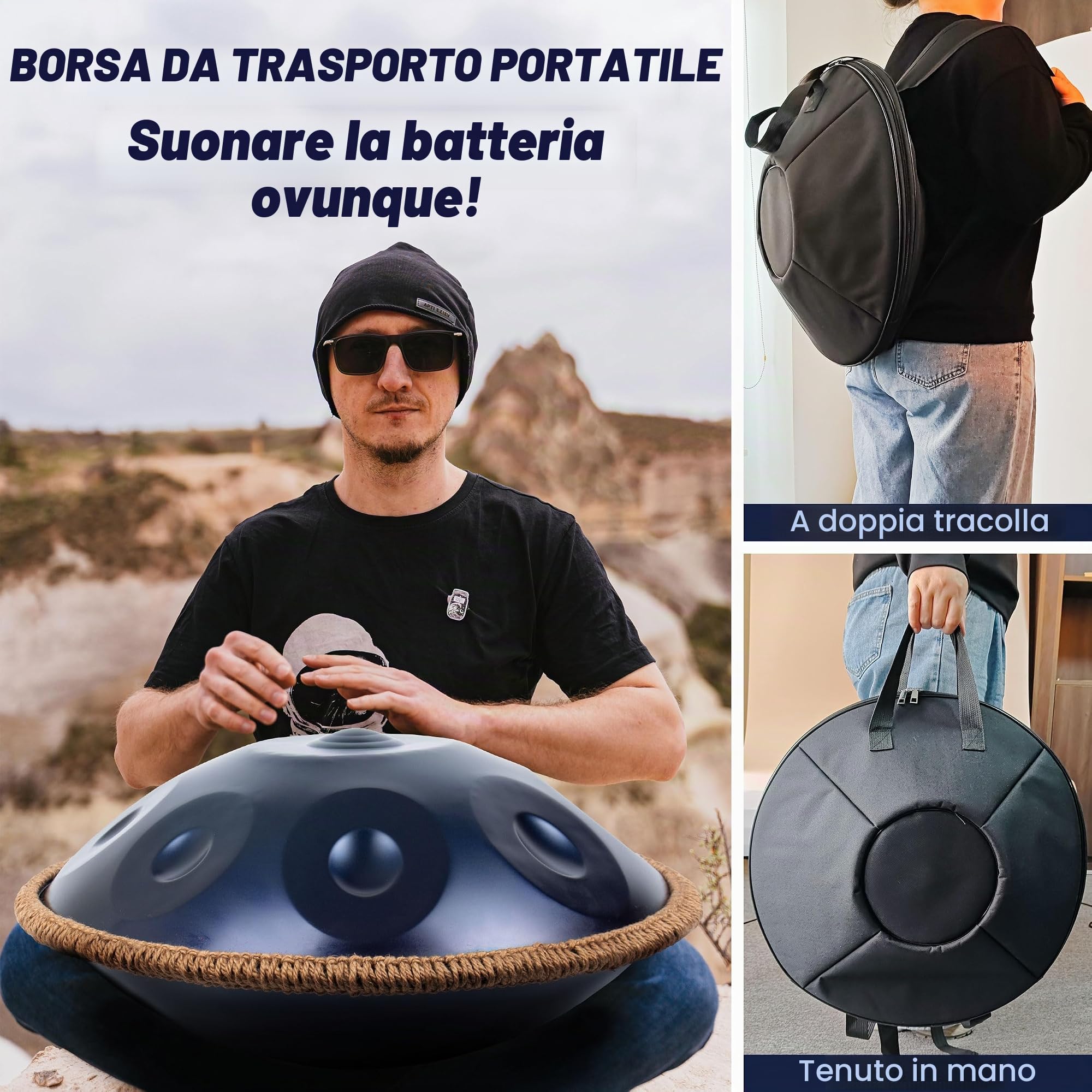 Handpan, Steel Drum, Hand Pan, Tamburo in Acciaio, Blu | 432HZ 19 Pollici 48cm 10 Note D Minore Principiante Handpan Drum per Meditazione e Yoga, Tamburo a Mano con Borsa e Supporto