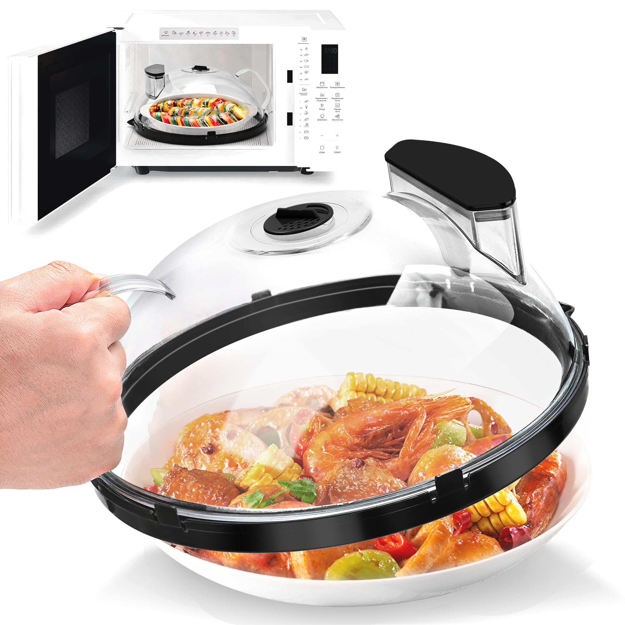 Microwave Splatter Cover with Water Steamer, 12 inch Clear Microwave Plate Cover for Food, Splatter Guard Microwave Lid for Microwave Oven, Kitchen Gadgets Accessories, Black