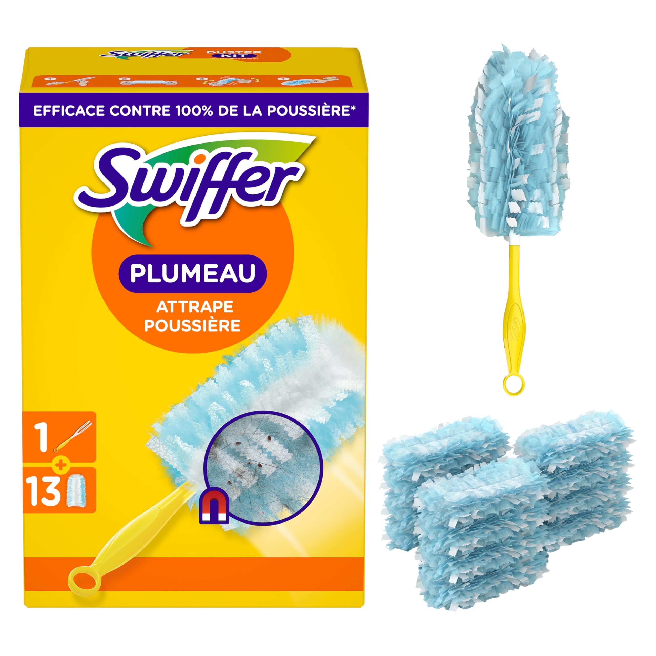 Swiffer Duster Plumeau Kit de Démarrage 1 Manche 13 Recharges Capture Poussière Poils Allergènes