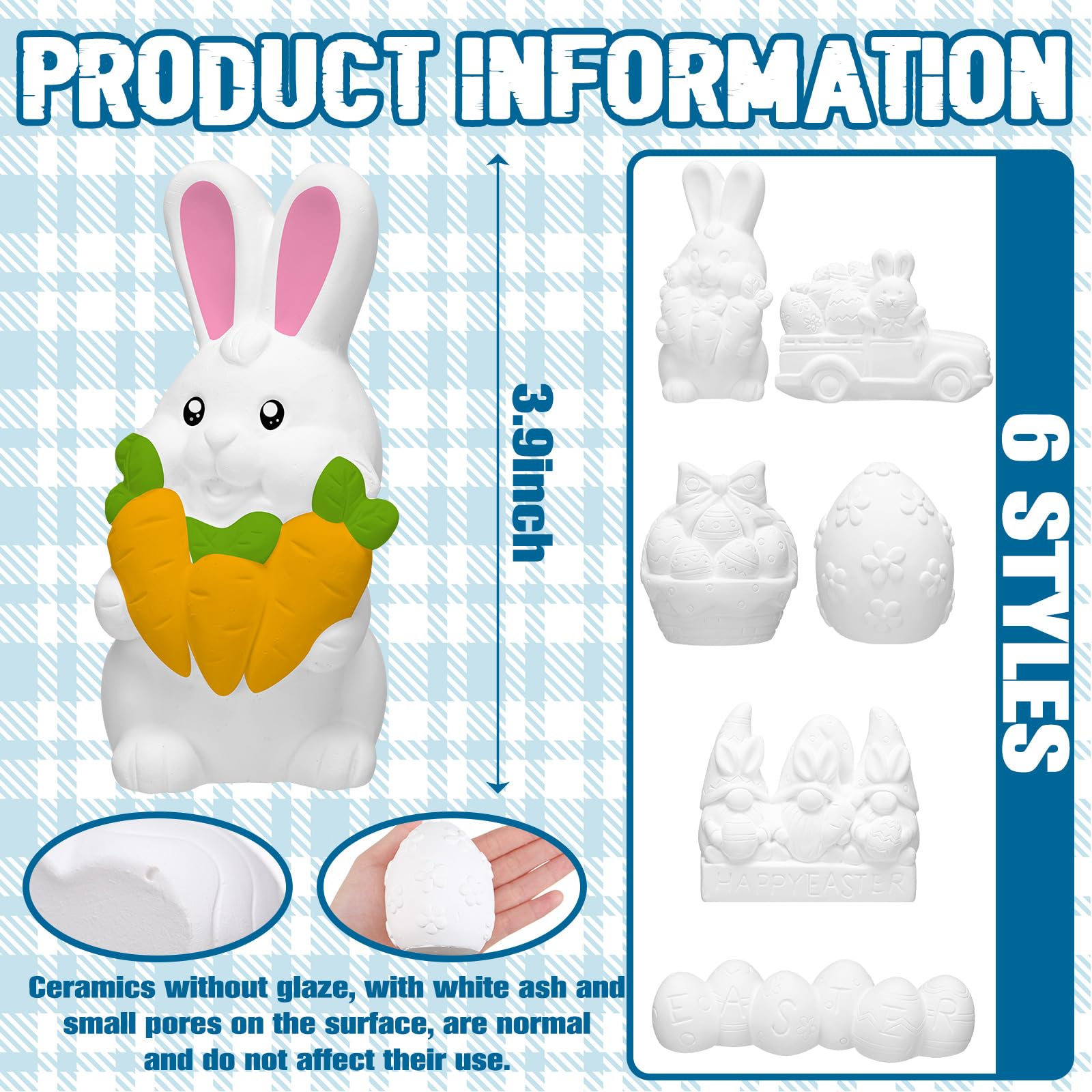 Marsui Lot de 6 figurines de Pâques en céramique à peindre en céramique - Œuf de Pâques - Lapin - Prêt à peindre - Kit de figurines de Pâques non peintes - Avec palette de pinceaux - Décoration de