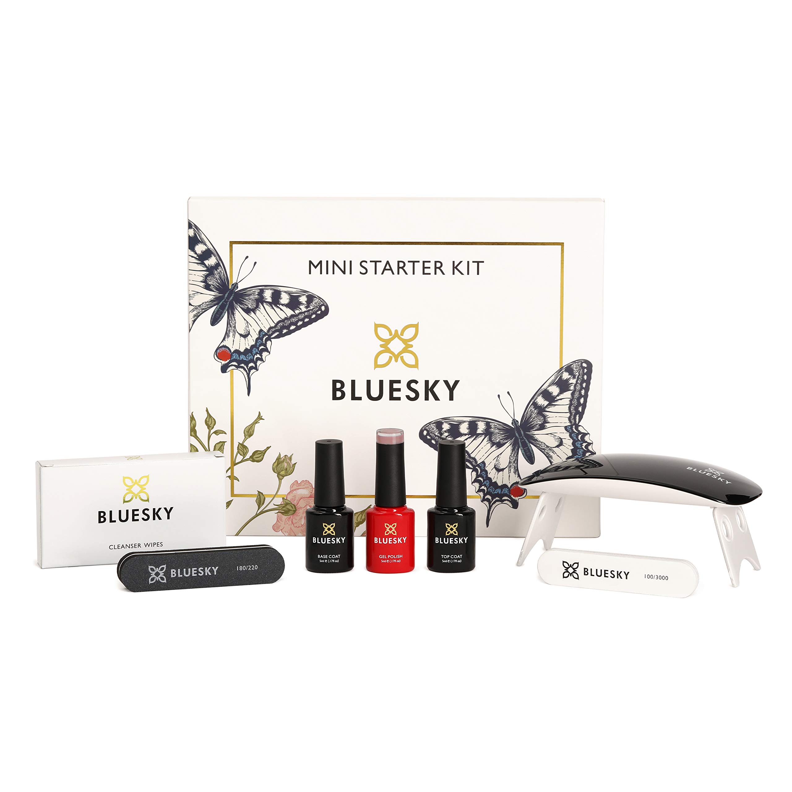 Bluesky Kit per unghie in gel con mini lampada a LED UV, A044, smalto gel rosa muschio, set base e top coat, lime per unghie, tampone, salviettine detergenti