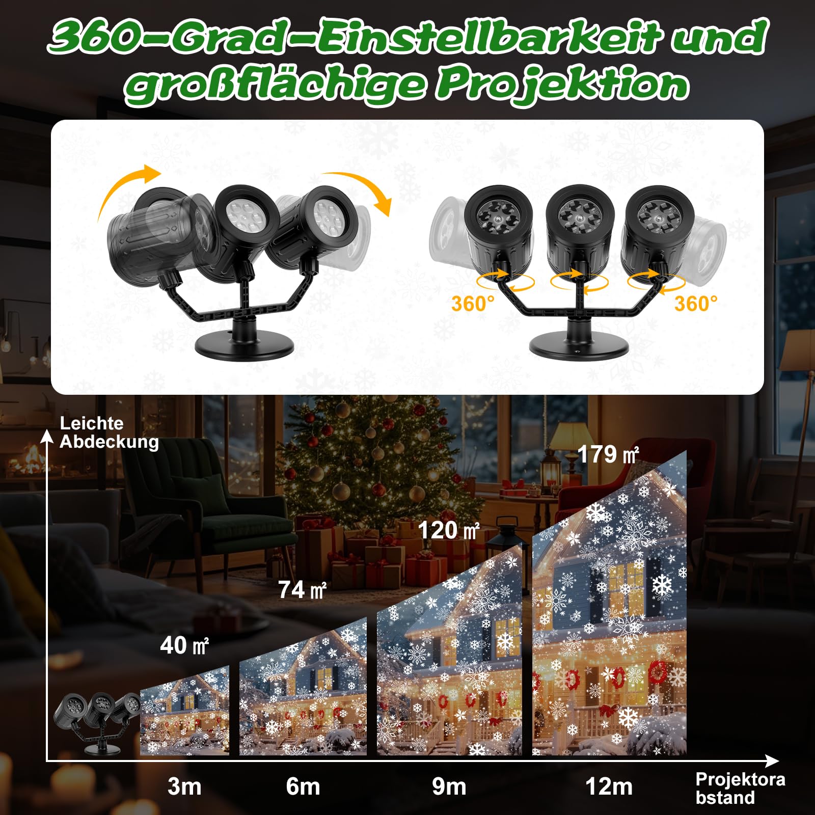 Charmofun Projektor Weihnachts Aussen, 3-Kopf Dynamische LED Schneeflocke Projektor 360°Rotierende mit Timer, Wasserdicht, Weihnachtsbeleuchtung außen für Garten Fenster Wand Party Weihnachtsdeko