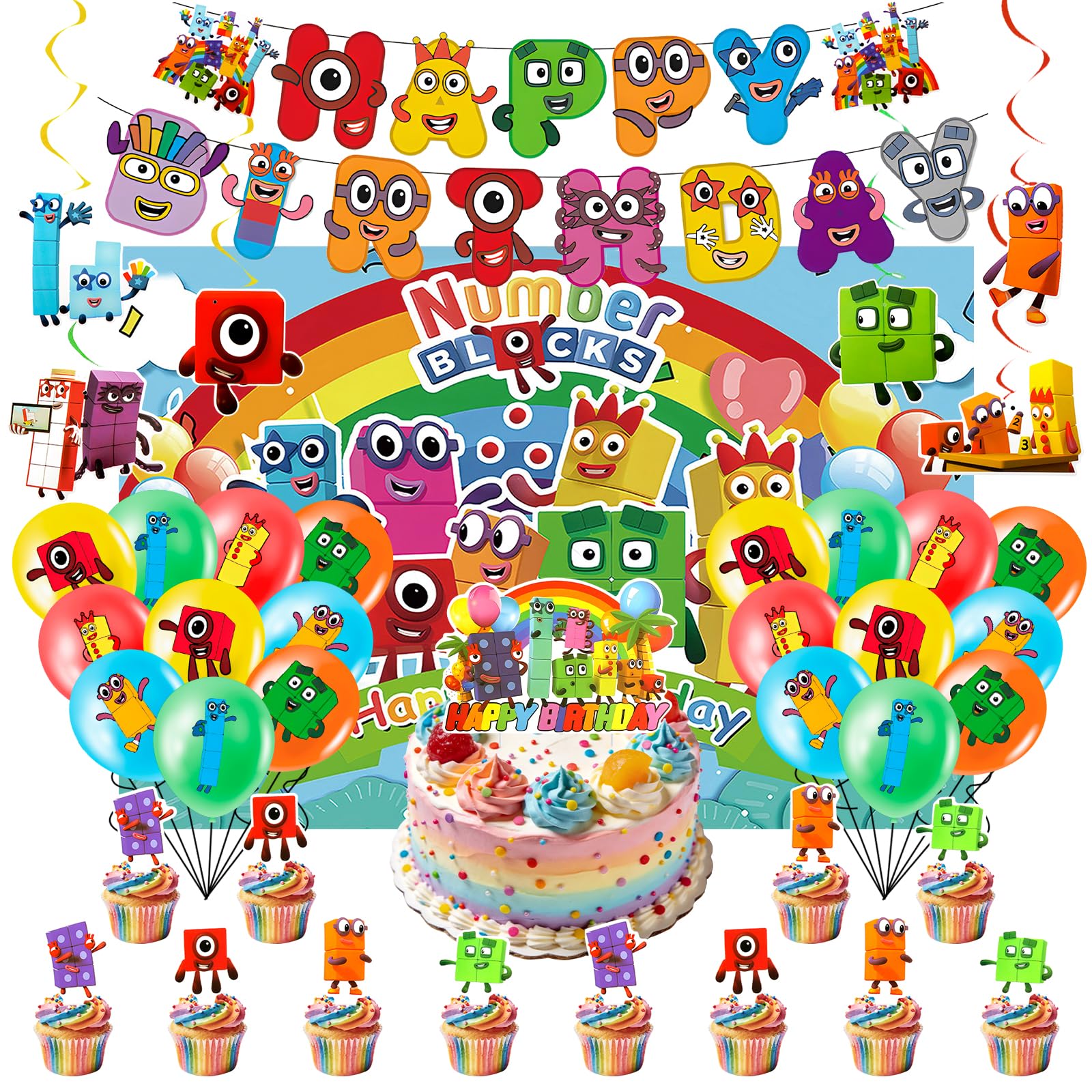 41PCS Blocks Birthday Decorations, Balloons Cake Toppers with Happy Birthday Banner, Party Decorations for Kids Boys Girls