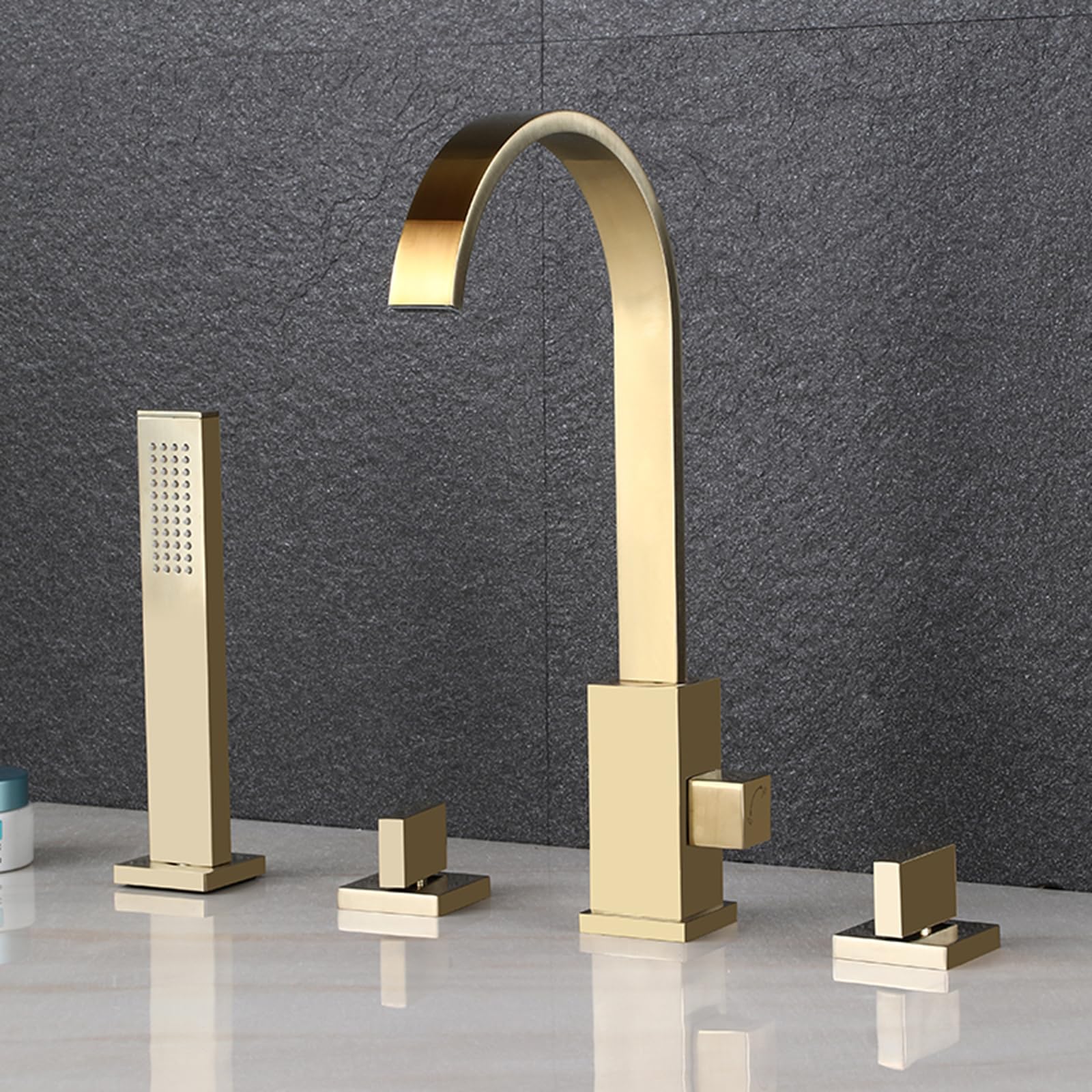 SnamicE 4 Tap Hole Bath Shower Mixer Tap and Shower Kit Bath Mixer Taps with Shower Waterfall Black Bathroom Tub Tap,Brushed Gold