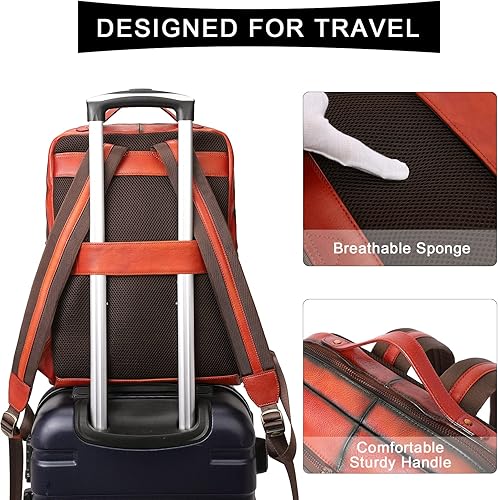 Miniatura 4 de CLUCI Mochila para computadora portátil de cuero genuino para mujer, 15.6 pulgadas, bolsa de viaje vintage, bolsa de negocios, 1-6 Rojo-marrón,