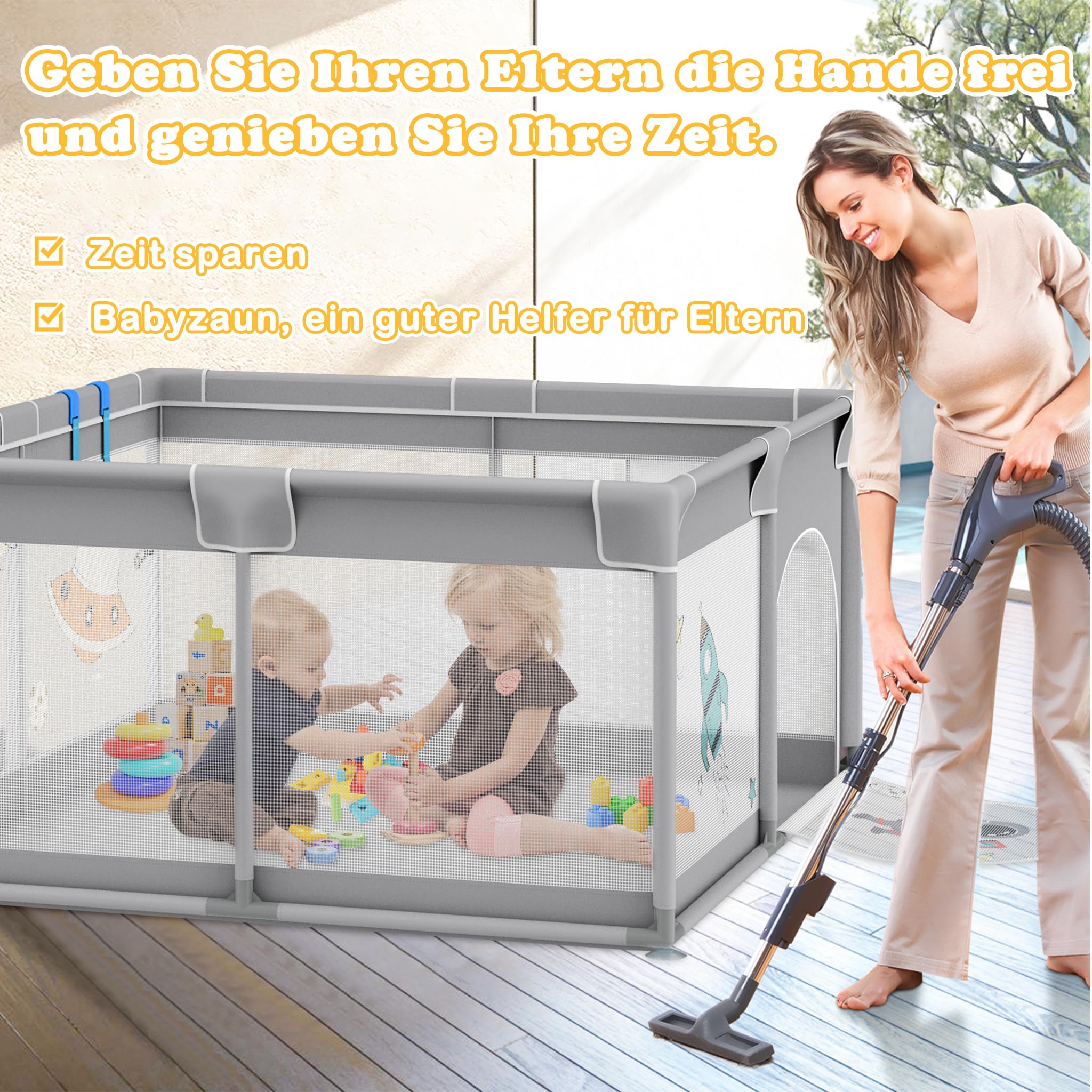 XMTECH Kojec dla niemowląt, przenośny, z 50 piłkami do zabawy, 127 cm x 127 cm x 68 cm, kratka ochronna z oddychającą siatką i zamkiem błyskawicznym i 4 pierścieniami do ciągnięcia (szary z motywami