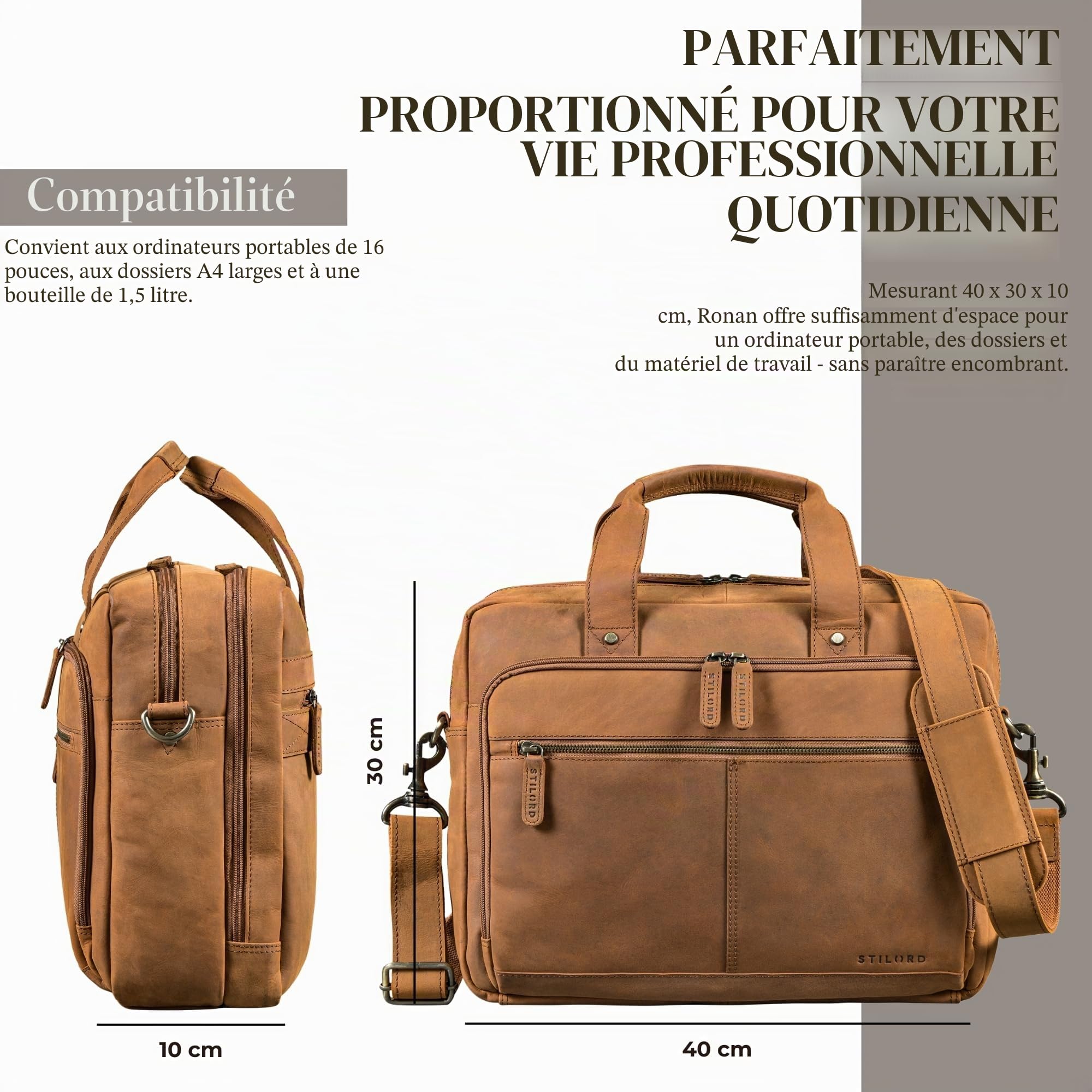 STILORD "Ronan Serviette Cuir Homme Grande Sacoche Ordinateur 16 Pouces Travail Besace Business - Cartable Enseignant A4 Porte Document avec Bandoulière Amovible Couleur:noir