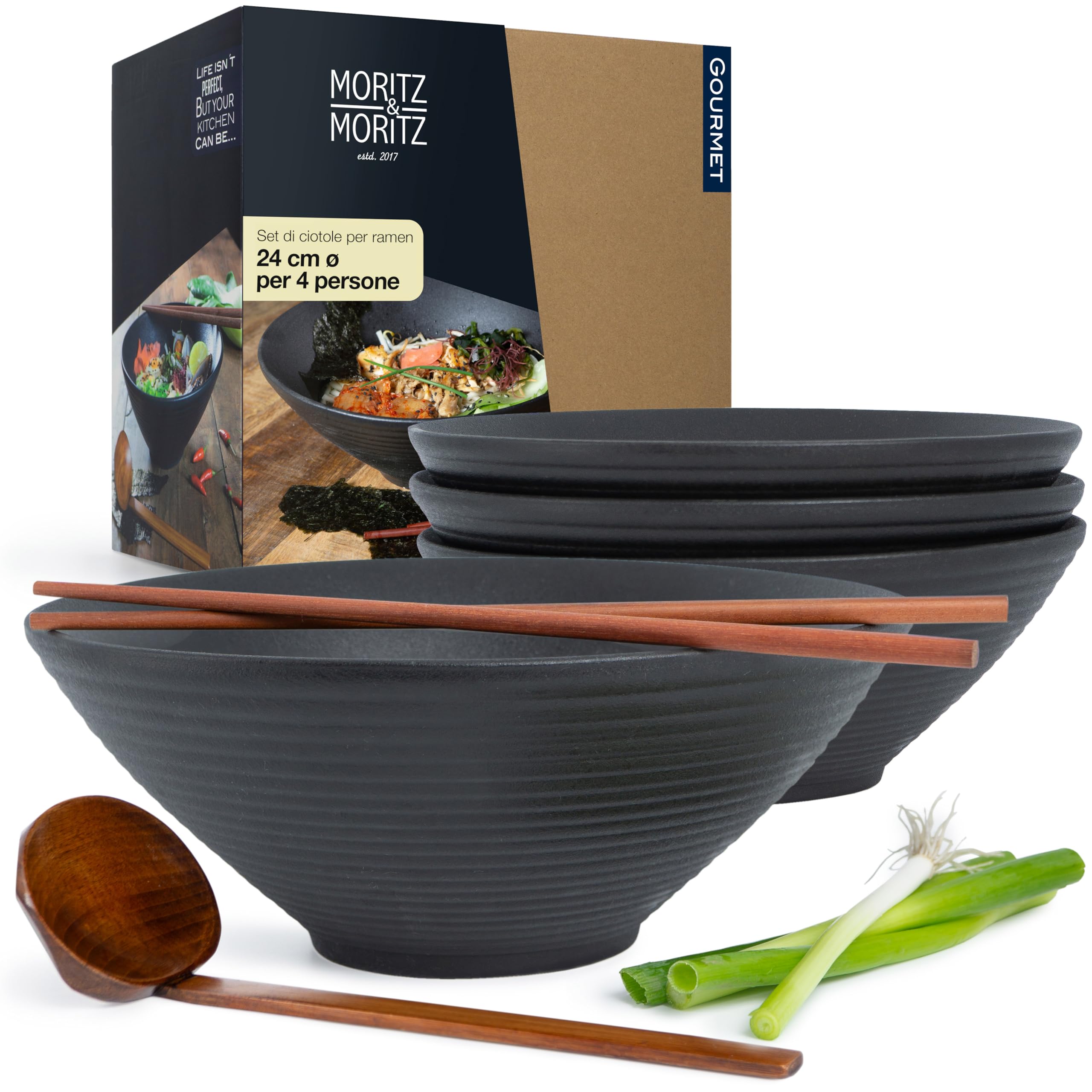 Moritz & Moritz 4 ciotole ramen, in ceramica, da 800 a 1300 ml, diametro 24 cm, per 4 persone, per zuppa, pho e sushi, inclusi bastoncini e cucchiai