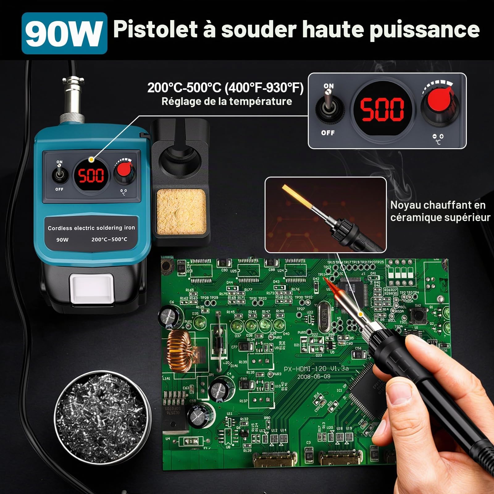 Kit fer à souder sans fil compatible batterie Makita 18V LXT pistolet à souder numérique LED 90W pour tous les amateurs de bricolage (batterie non fournie)
