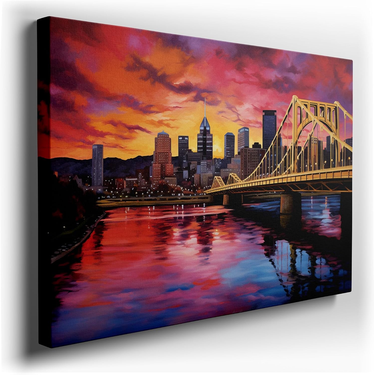 Canvas for Living room. Pittsburgh Sunset Masterpiece - A Vibrant Cityscape Caressed by Twilight Hues, 27 x 18 inch Canvas Wall Art - Ready to Hang