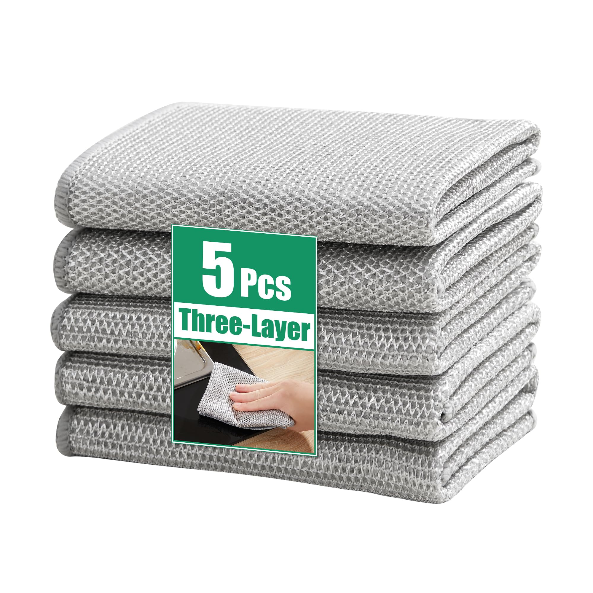 JOYMOOP Multipurpose Non-Scratch Silver Fiber Dishwashing Cloths, Reusable Cleaning Rags, Scrubbing Pads for Dishes, Glass, Stainless Steel - 5 Pack