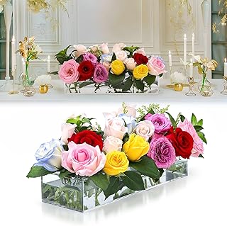 Acrylic Flower Vase Rectangular, Clear Acrylic Flower Vase,Floral Centerpiece for Dining Table Decor, Clear Vases with 12 Holes,Modern Flower vase for Home/Wedding/Party/Christmas