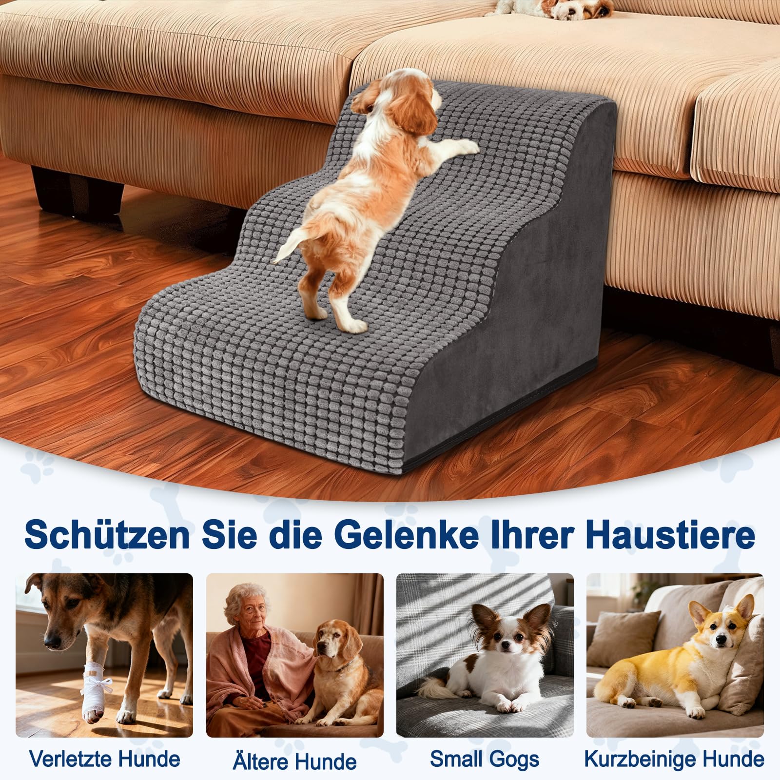 Hundetreppe für Kleine Hunde 40 cm Hoch, 3 Stufen Haustiertreppe für Bett und Sofa, Hunde Treppe Hunderampe mit Waschbarem Bezug und Rutschfestem Boden, Hochdichtem Schwamm 57x40x40cm, Grau