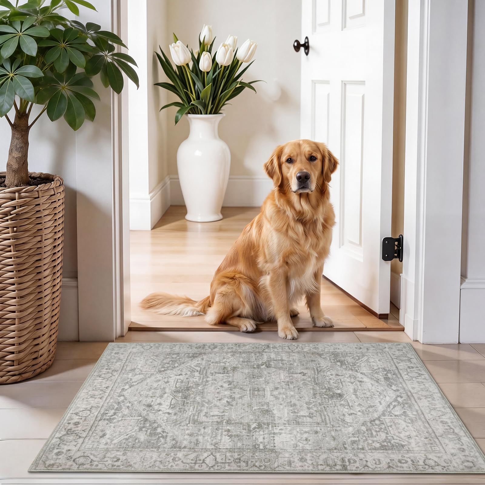 Homcomodar Small Rugs 60x90cm Door Mats Indoor Beige Grey Rug Washable Door Mat Non Slip Doormat Carpet Runners for Hallways Bedroom Kitchen Bedside Lounge Office