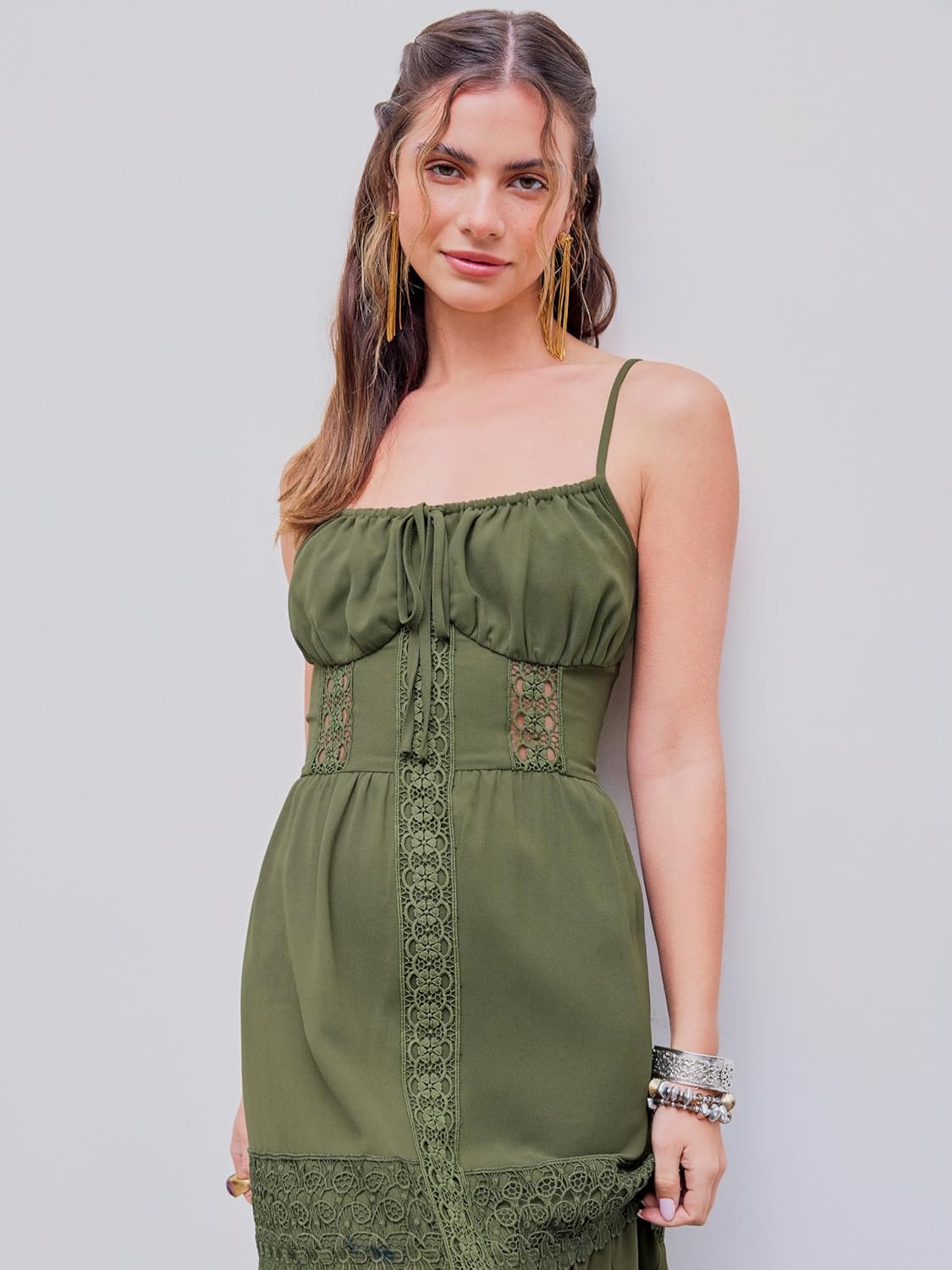 CIDER Maxi Dress for Women Lace Trim Tiered Cami Bohemian Holiday Vacation Square Neck Sleeveless Dress - Image 2