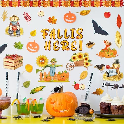 Miniatura 6 de Juego de 61 piezas de decoración de tablero de anuncios de otoño de cosecha y otoño, juego de decoración de tablero de anuncios de hojas de arce,