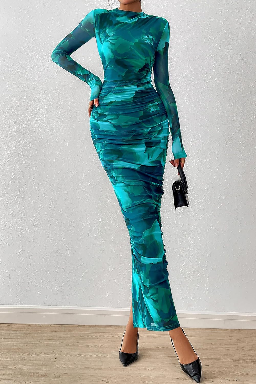 PRETTYGARDEN Womens Long Sleeve Maxi Dresses 2026 Spring Ruched Bodycon Floral Mesh Formal Wedding Guest Cocktail Party Dress - Image 3