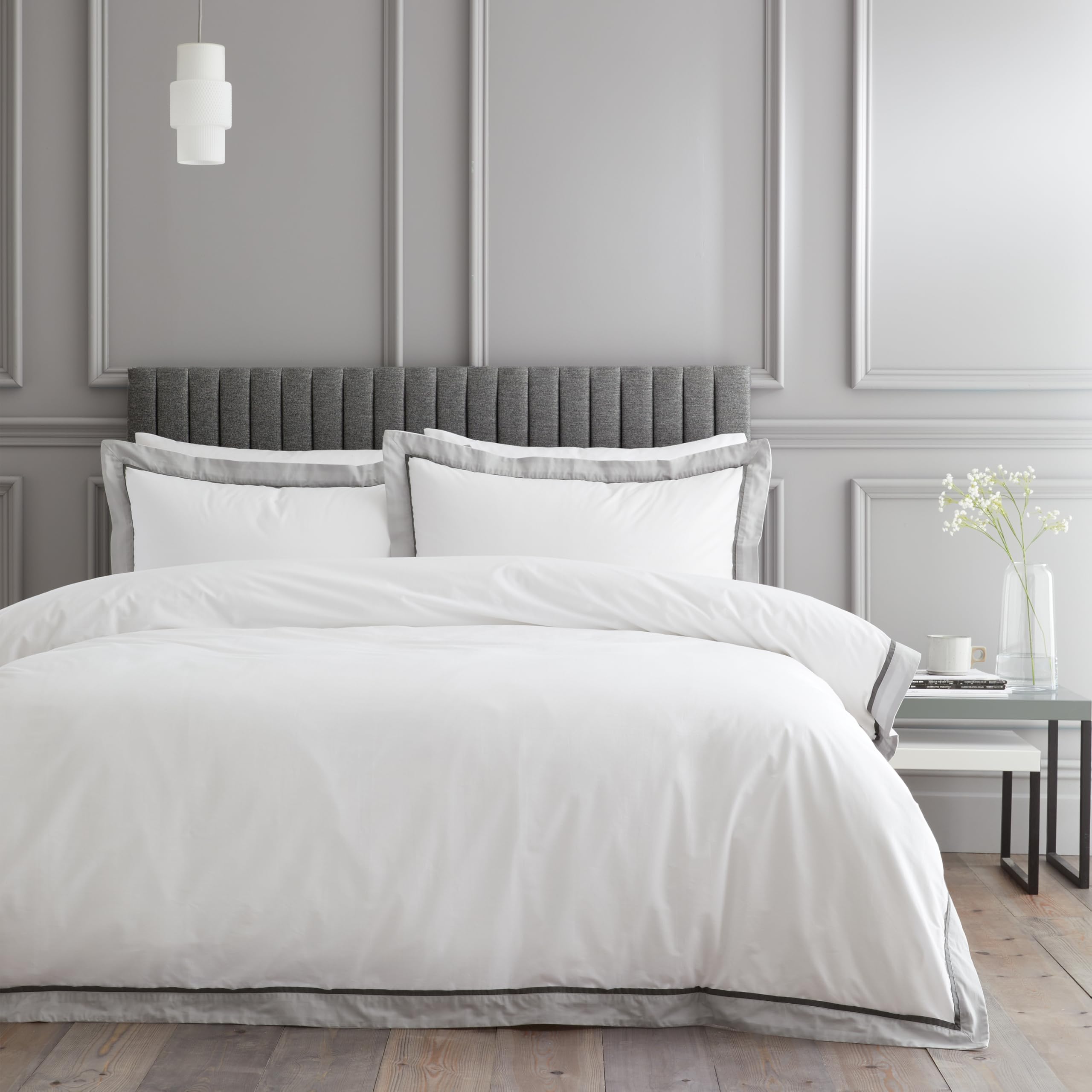Bianca Mayfair 200 Thread Count Cotton Double Duvet Cover Set with Pillowcases, White, Silver Grey