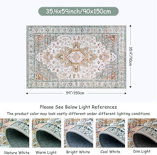 Vista 371 de Moynesa Alfombra de pasillo ultrafina lavable, vintage, de 2 pies 6 x 8 pulgadas, antideslizante, resistente a las manchas, resistente a