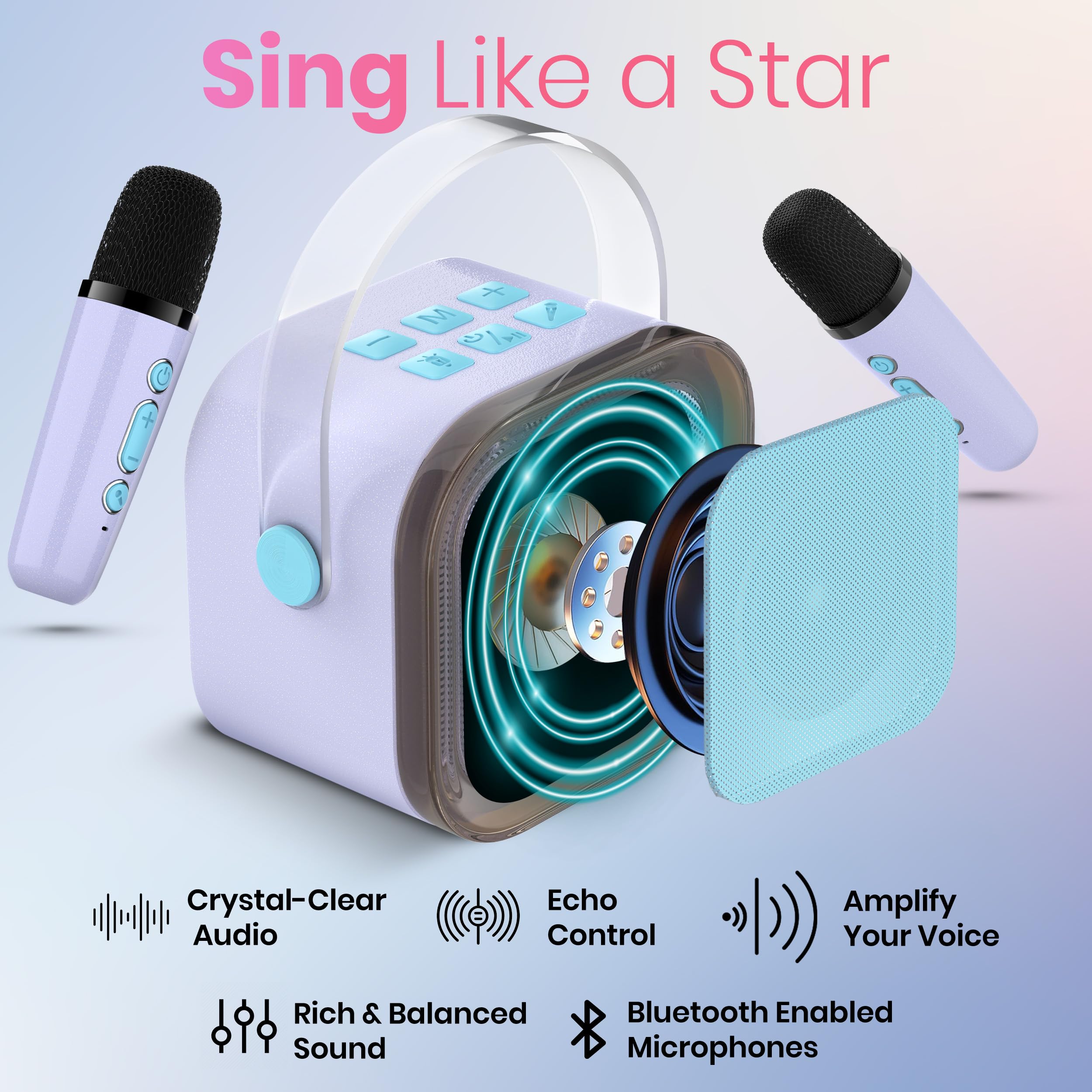 Mini macchina per karaoke con 2 microfoni wireless per bambini adolescenti adulti, regalo di compleanno, 7+ anni, piccolo microfono portatile con altoparlante Bluetooth per ragazze 8-12