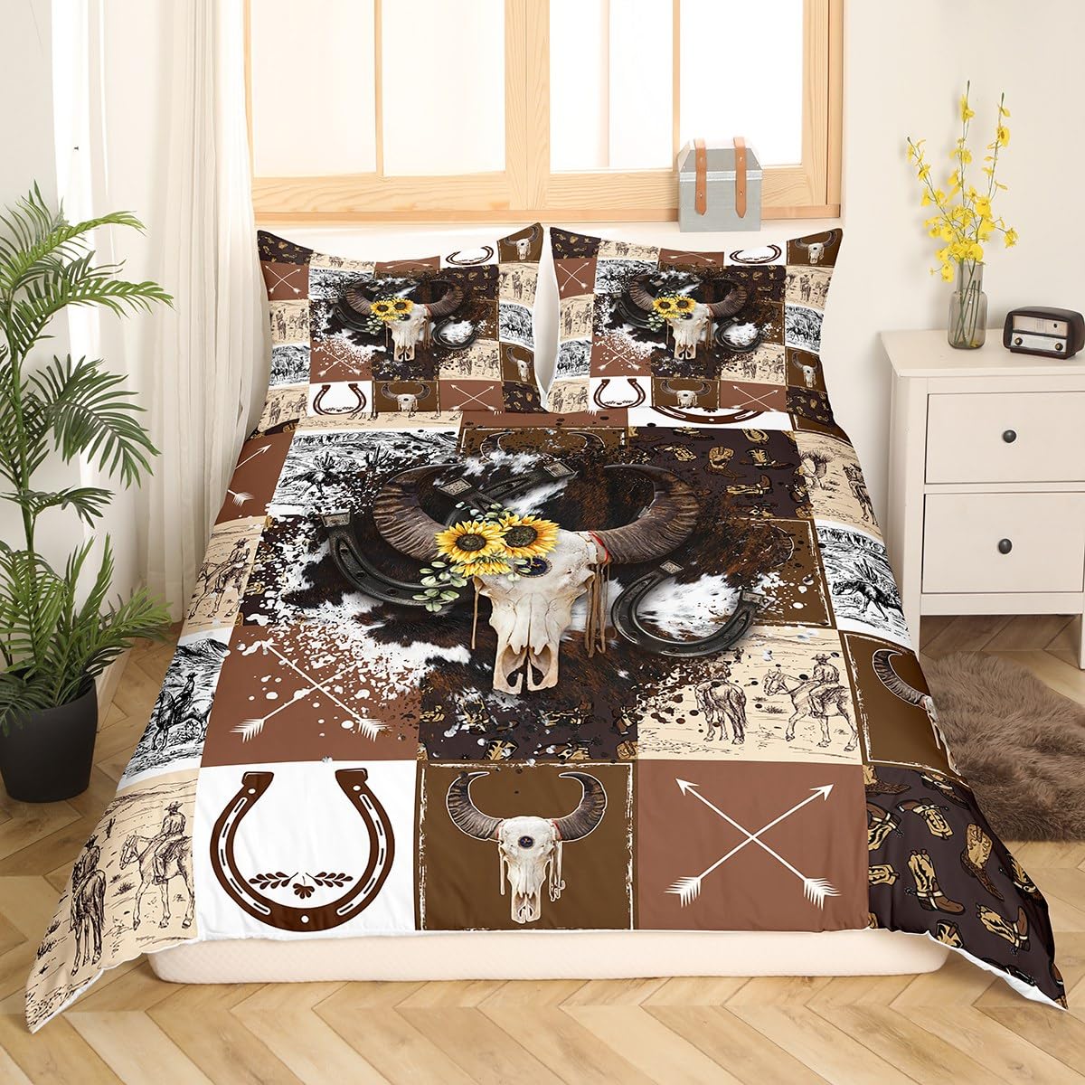 Cowboys Duvet Cover,Southwest Style Horseshoes Comforter Cover King,Retro Bull Skull Cowhide Bedspread Cover for Child Kids Boys Teens Farmhouse Theme Check Bedding Set for Bedroom Decor,No Comforter