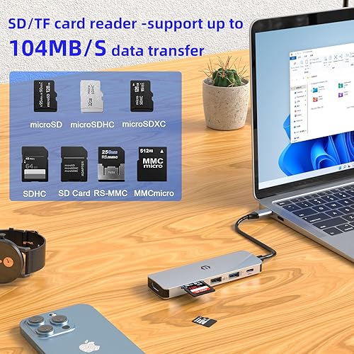 Miniatura 4 de TOTU - Estación de acoplamiento, adaptador multipuerto USB C 6 en 1 con HDMI 4K, 100 W PD, 2 USB 3.0, ranura para tarjeta SDTF para portátiles USB C