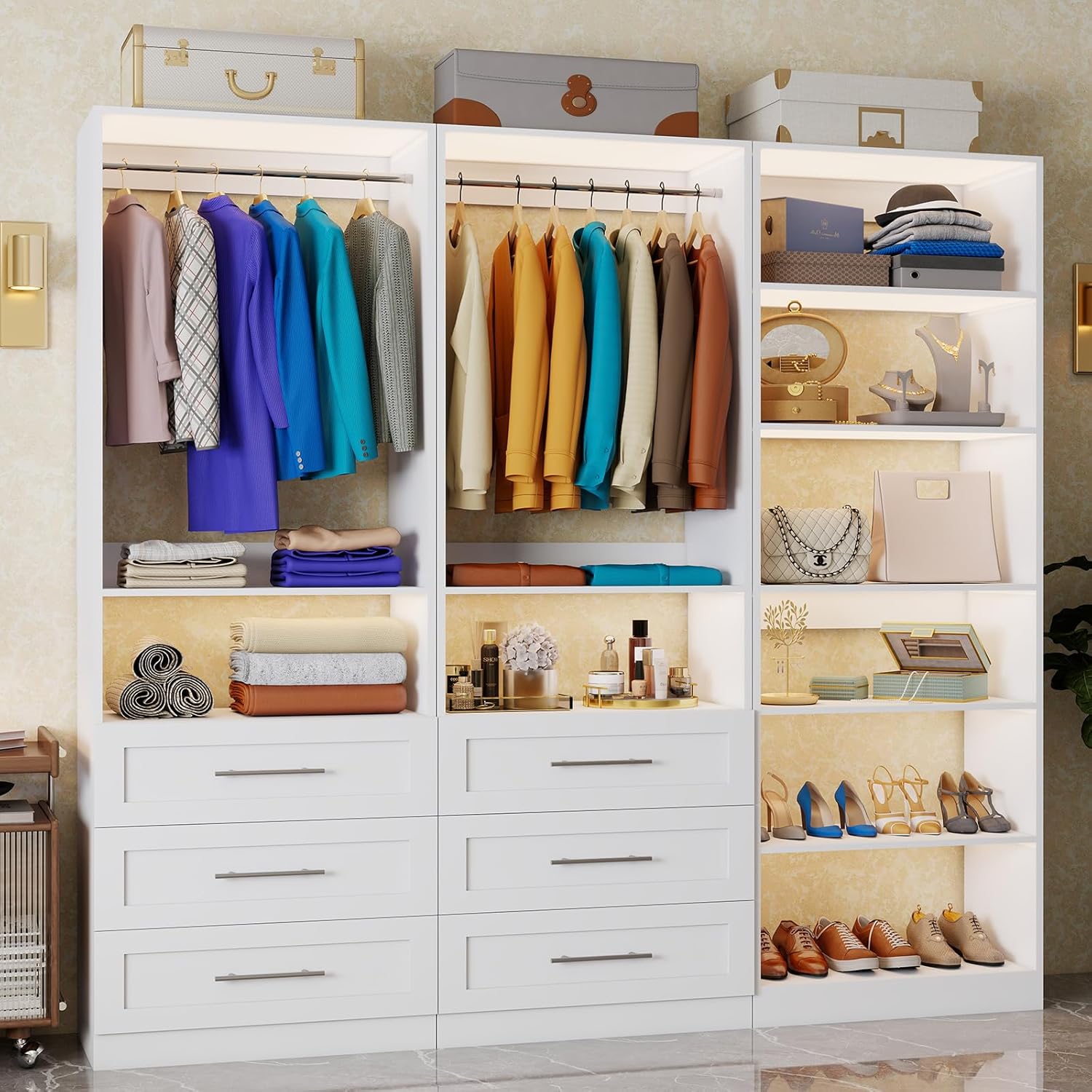 Closet System with 3 Sets, Max 189"L Closet Organizer with 6 Drawers & 8 Shelves, Customizable Modular Closet Organizer System with 5 Hanging Rods, 6-15FT Sturdy Walk-in Closets with Shoe Rack, White