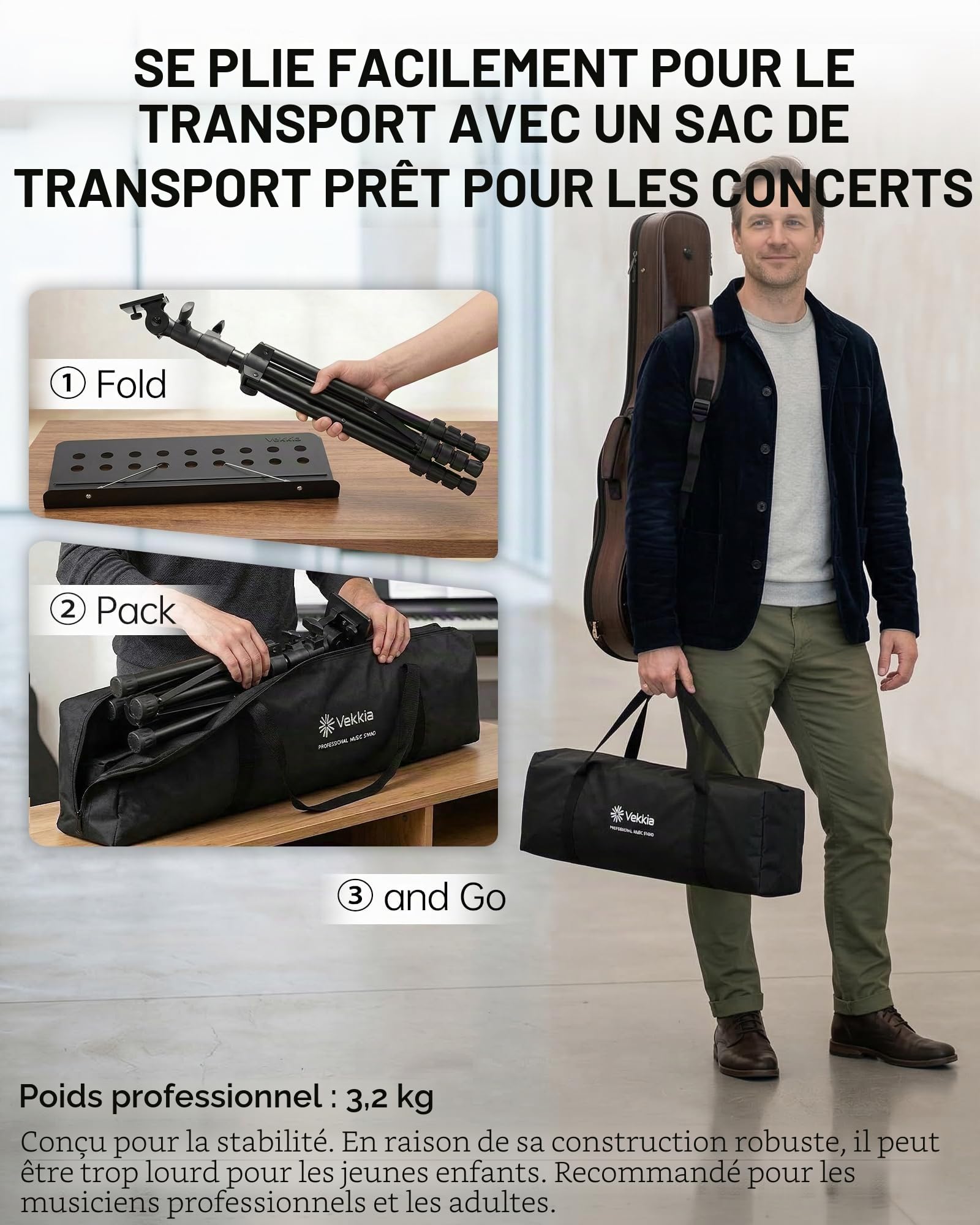 Vekkia Support de partitions perforé, portable, pliable, réglable, super stable, adapté pour les spectacles d'instruments, les bandes et les voyages